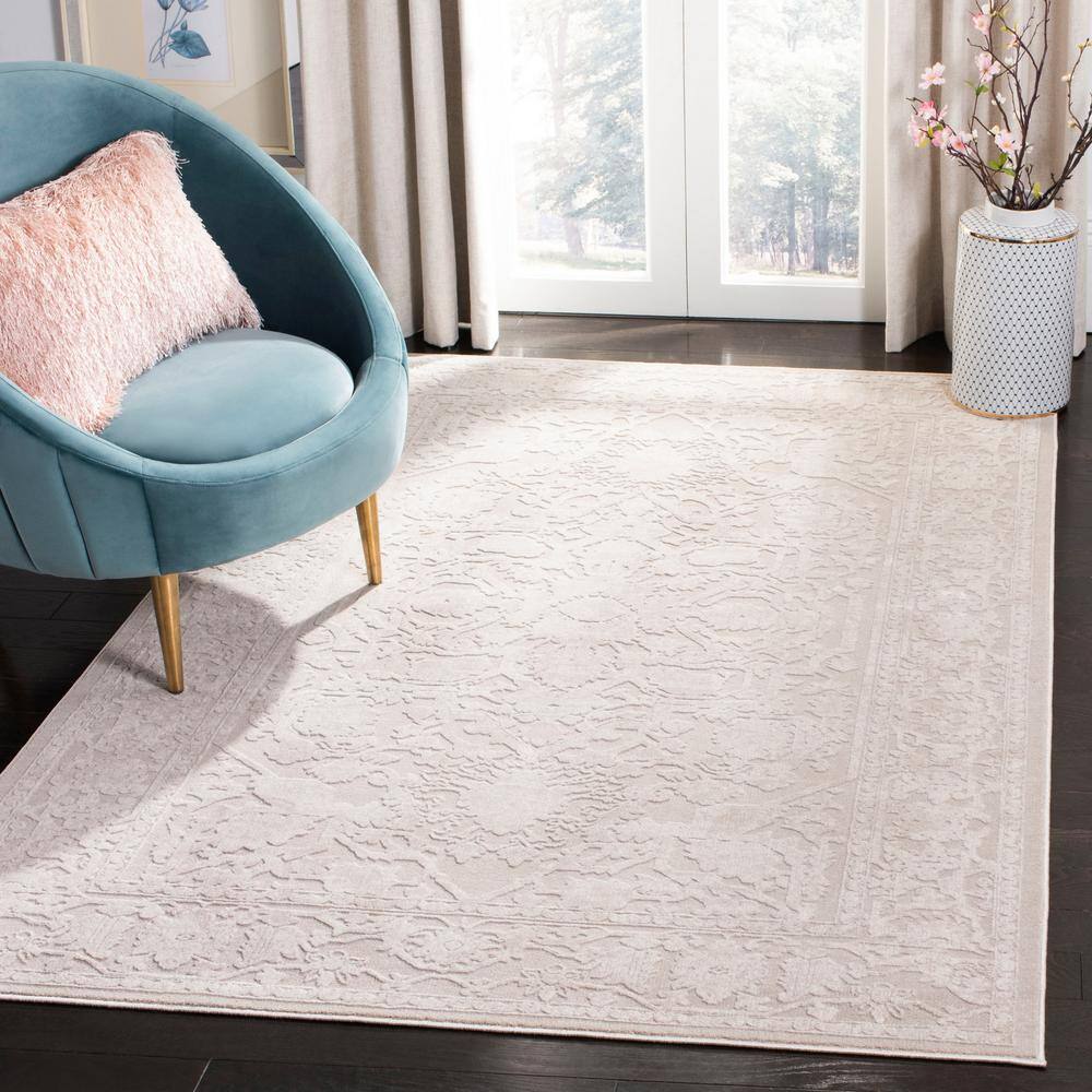 Cream Ivory Floral Synthetic Rectangular Area Rug