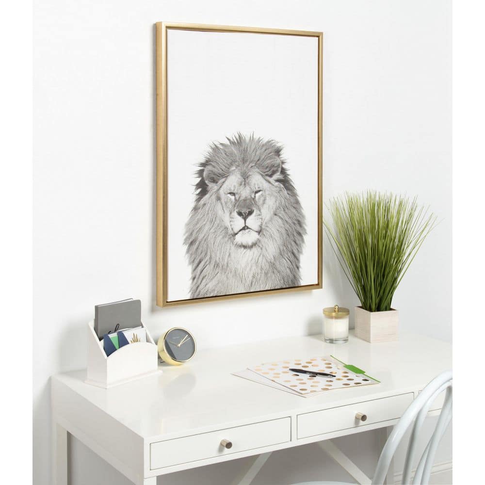23" x 33" Gold Framed Black and White Lion Canvas Print
