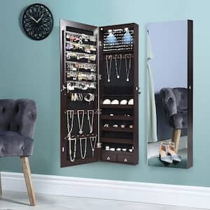 Brown Mirrored Wall Jewelry Cabinet with LED Lights