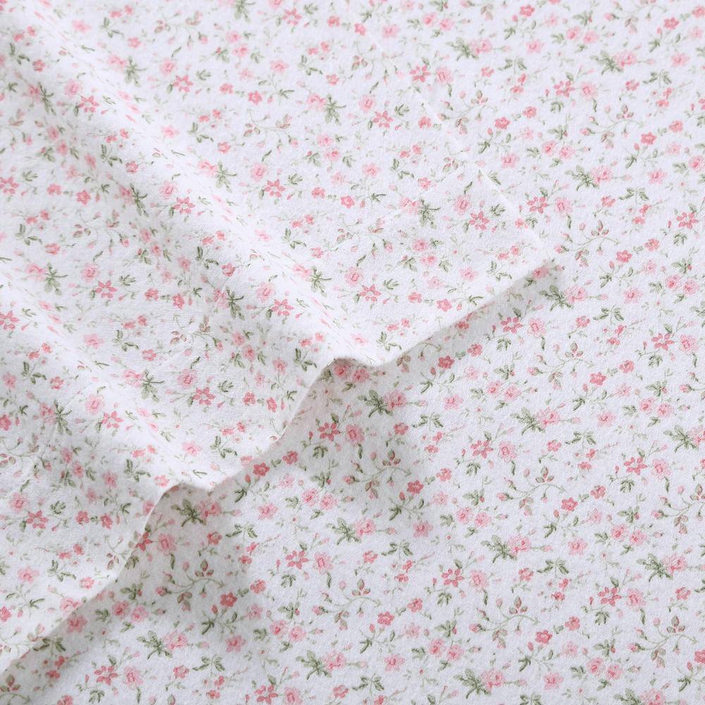 Evie Soft Pink Cotton Flannel King Sheet Set with Floral Pattern