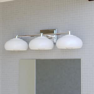 Belmont 27.5 in. W 3-Light Chrome and White Mid Century Modern Dome Bathroom Vanity Light Fixture