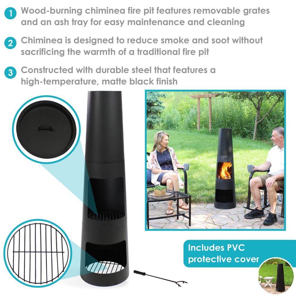 49-Inch Black Steel Wood-Burning Chiminea with Log Storage