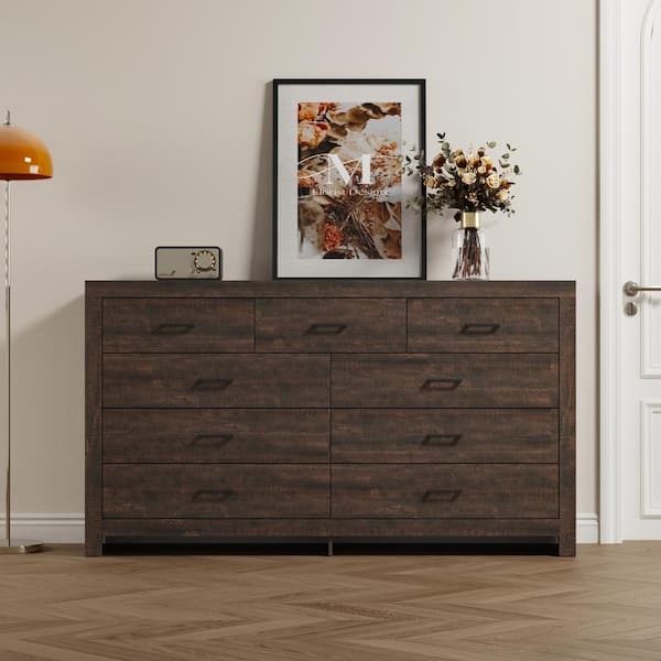 Brown 63 in. W Wooden Chest of Drawers, Dresser with 9 Drawers