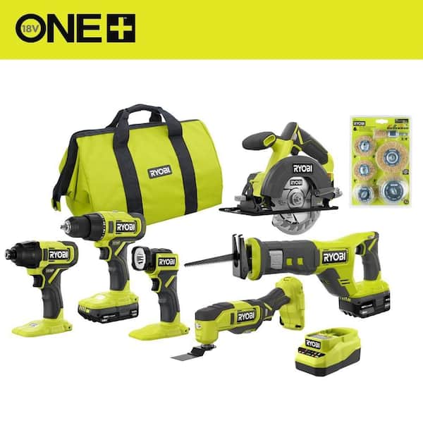 ONE+ 18V Cordless 6-Tool Combo Kit with 1.5 Ah Battery, 4.0 Ah Battery, Charger, and Wire Wheel Assortment Set (6-Piece)