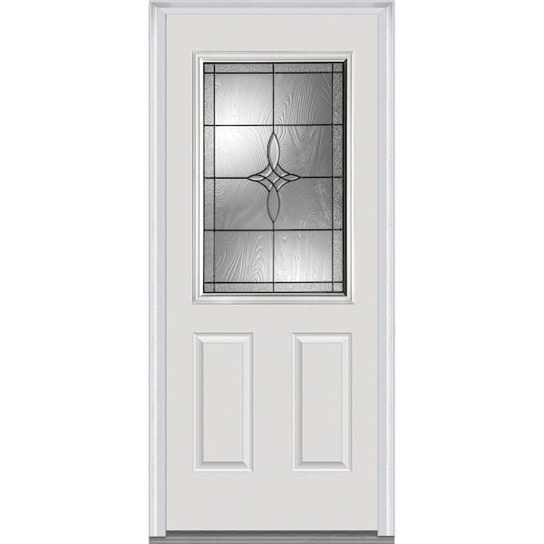 MMI Door 36 in. x 80 in. Lenora Left-Hand Inswing 1/2-Lite Decorative 2-Panel Primed Steel Prehung Front Door