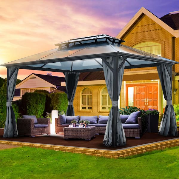 Daheat Jager 13 ft. x 10 ft. Coated Aluminium Frame Gazebo in Gray with Double Polycarbonate Roofs and Mosquito Net
