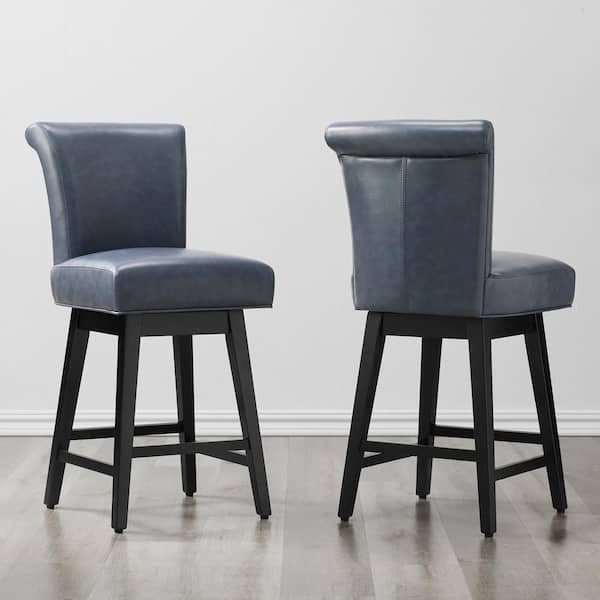Spruce & Spring Dennis 26 in. Navy Blue Solid Wood Frame Swivel Counter Height Bar Stool with Back and Faux Leather Seat (Set of 2)