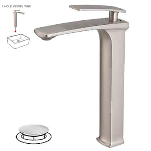 Single Hole Single Handle Bathroom Vessel Sink Faucet With Pop Up Drain Assembly Kit in Brushed Nickel