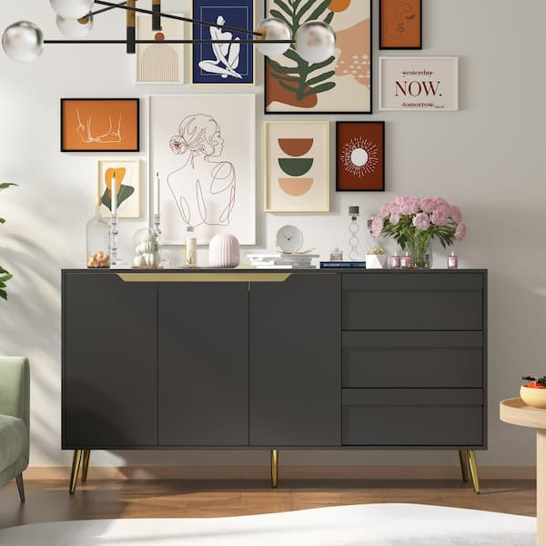 FUFU&GAGA Black 3-Drawers 63 in. Width, Wooden Storage Cabinet, Dresser, Sideboard with 3-Doors and 4-Shelves Inside