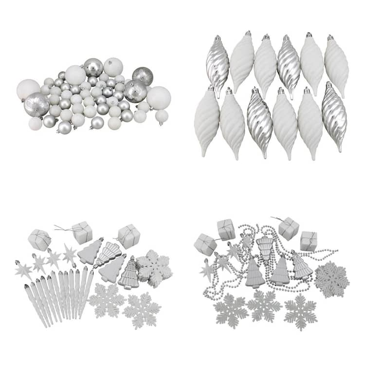 Northlight 125-Count Winter White and Silver Splendor Shatterproof 4-Finish Christmas Ornaments