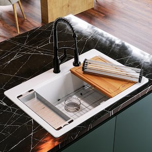 QTWS-875 Quartz 33 in. Single Bowl Drop-In Workstation Kitchen Sink in White