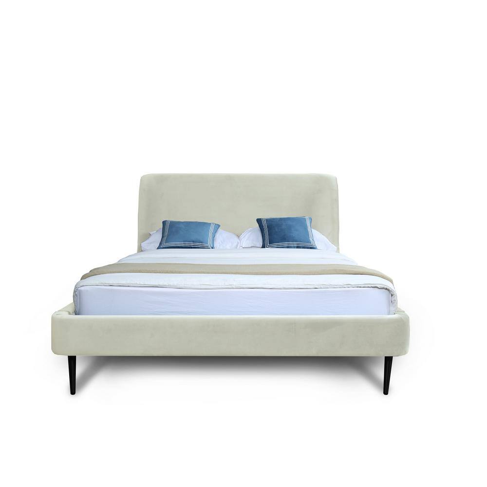 Front view of a white velvet upholstered platform bed with black legs.