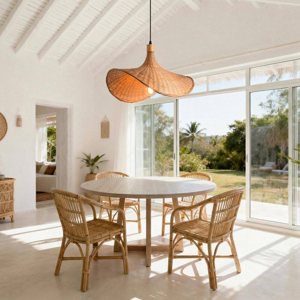 20.4 in. 60 W 1-Light Yellow Bohemian Straw Hat Shape Pendant Light with Woven Shade for Kitchen Islands price history on PriceWatchPro