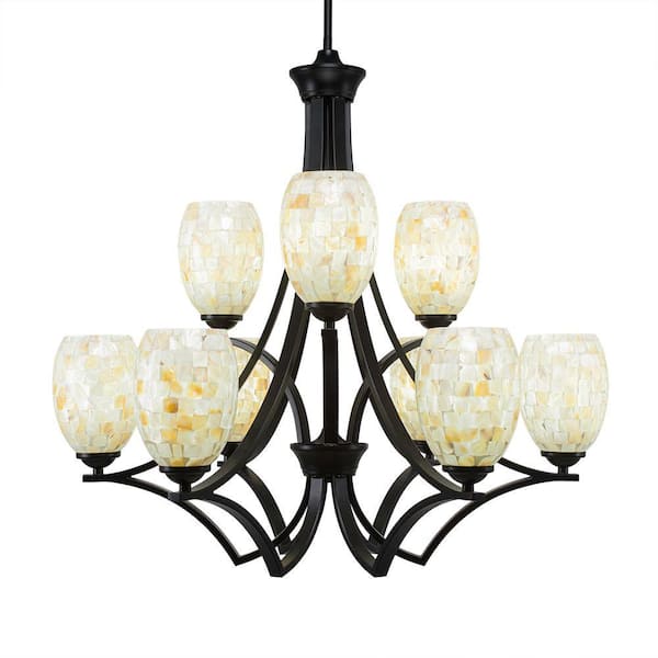 Unbranded Clevelend 9-Light Matte Black Chandelier Round Chandelier with 5 in. Ivory Glaze Seashell Glass Shades No bulbs included