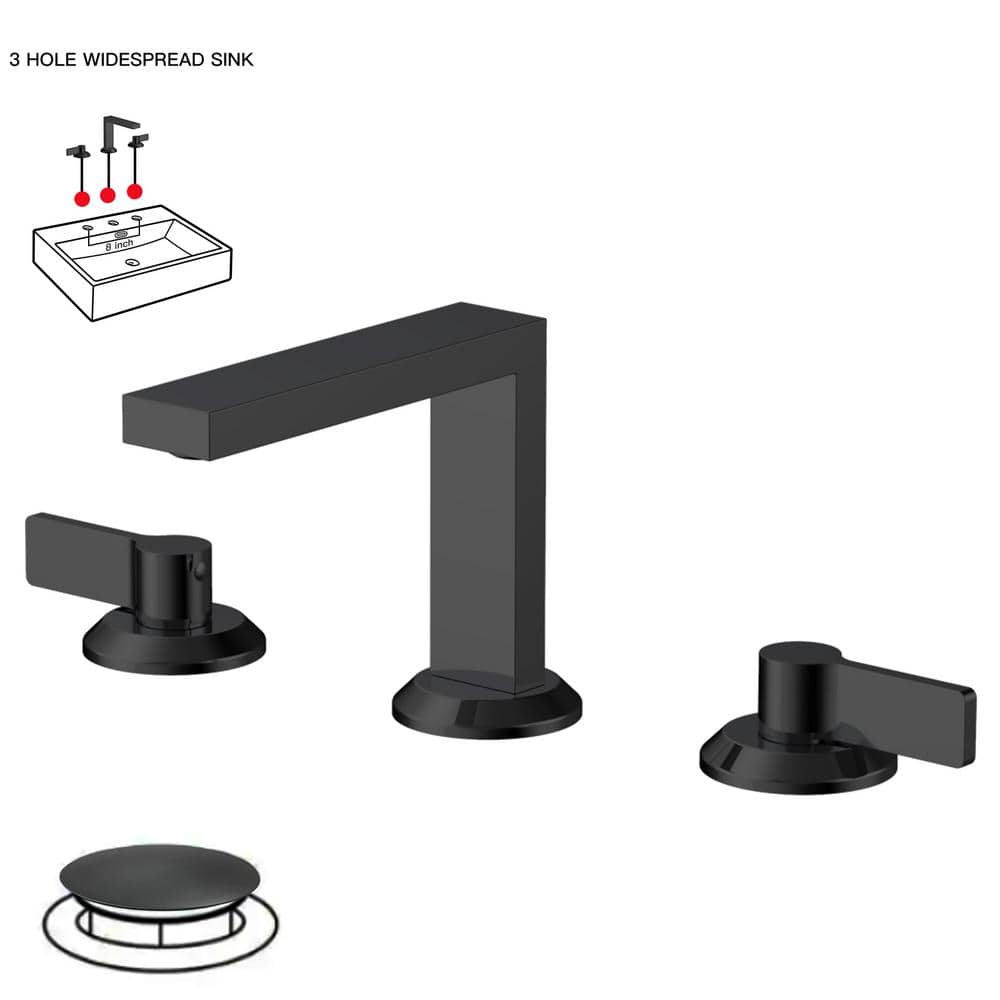 BWE 8 in Widespread Double Handle Black Bathroom Faucet Set 3Holes Vanity Sink WaterSaving