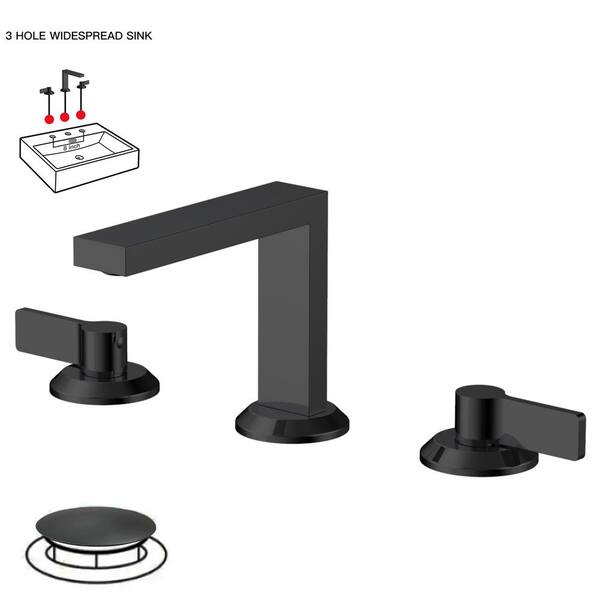 BWE 8 in Widespread Double Handle Black Bathroom Faucet Set 3-Holes Vanity Sink Water-Saving With Metal Drain In Matte Black
