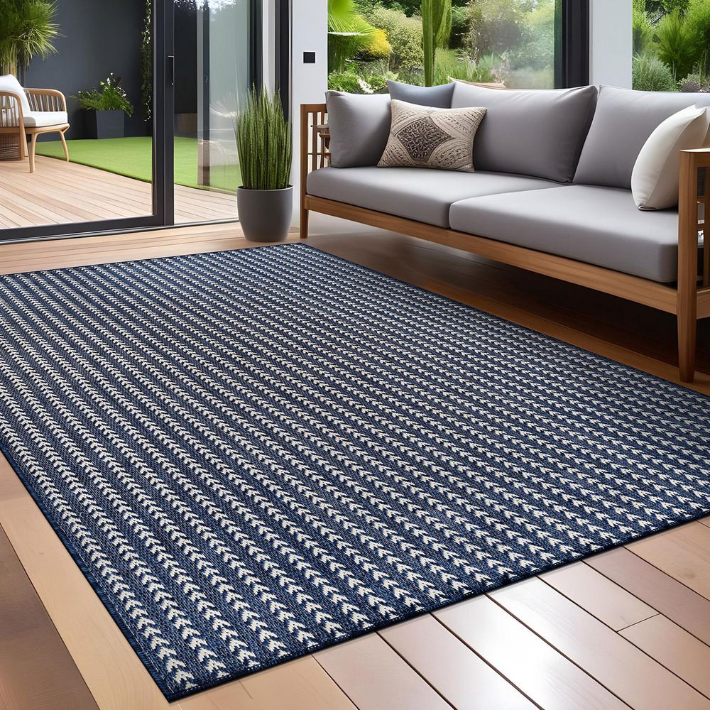 Arrow Navy 8 ft. x 10 ft. Chevron Striped Washable Indoor Outdoor Area Rug