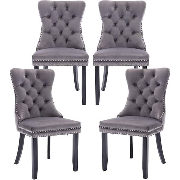 Mydepot Dark Grey Velvet Upholstered Dining Chairs Side Chairs Set of 4 Accent Diner Stylish Kitchen with Wood Legs and Padded
