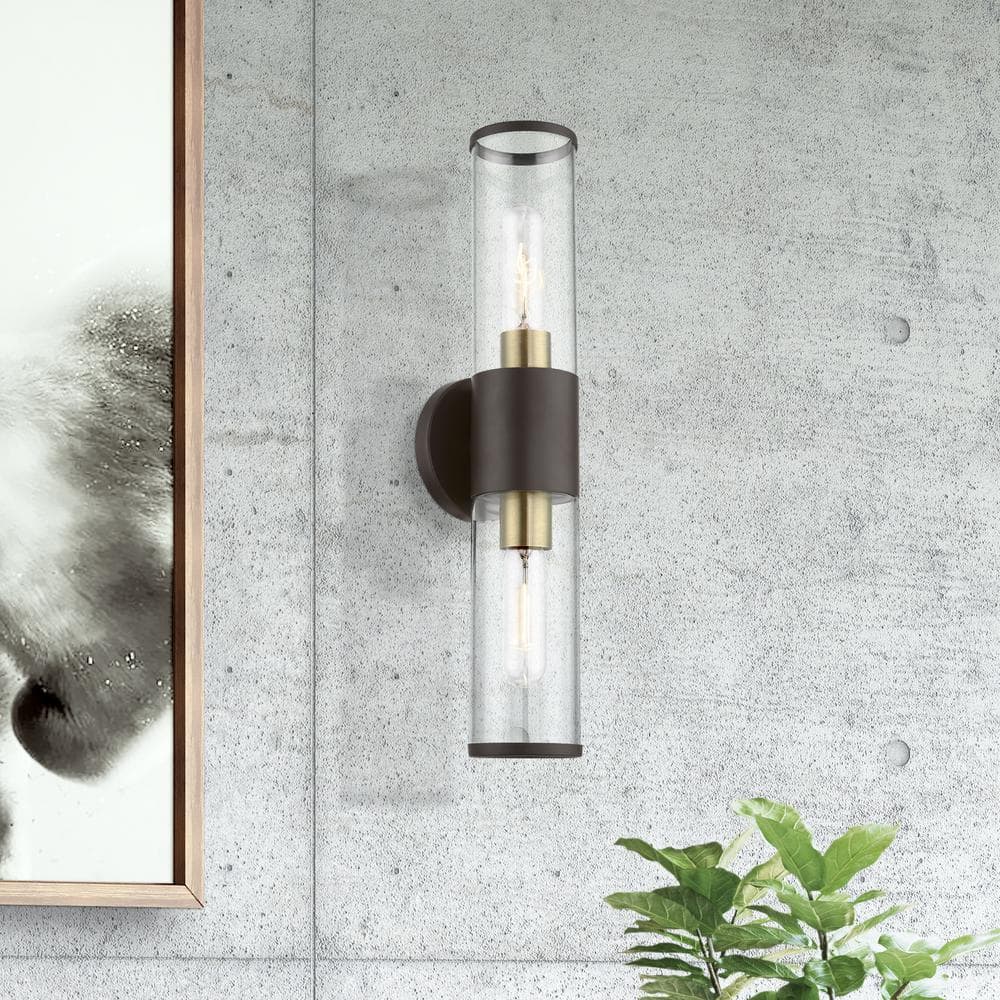 Bronze and Brass 18.5" Industrial Wall Sconce with Glass Shades