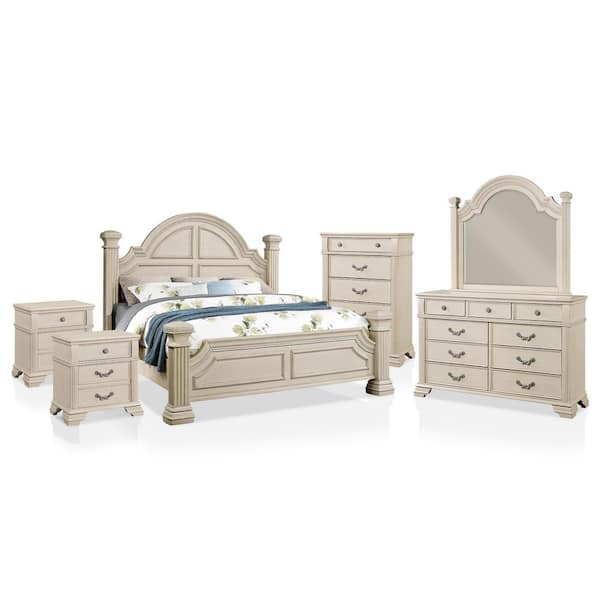 Furniture of America Erminia 6-Piece Antique Wood Frame White California King Bedroom Set