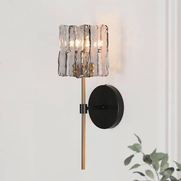 Echonalyri Matte Black 1-Light Modern Glam Wall Sconce Brass Accents with Square Gray Textured Glass Shade for Bathroom