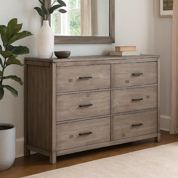 60 in. Brown 6-Drawer Wooden Dresser Without Mirror