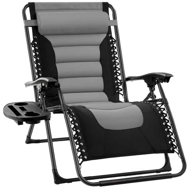 Oversized Padded Zero Gravity Gray/Black Metal Reclining Outdoor Lawn Chair w/Side Tray
