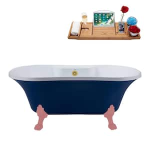 60 in. x 32 in. Acrylic Clawfoot Soaking Bathtub in Matte Dark Blue with Matte Pink Clawfeet and Brushed Gold Drain