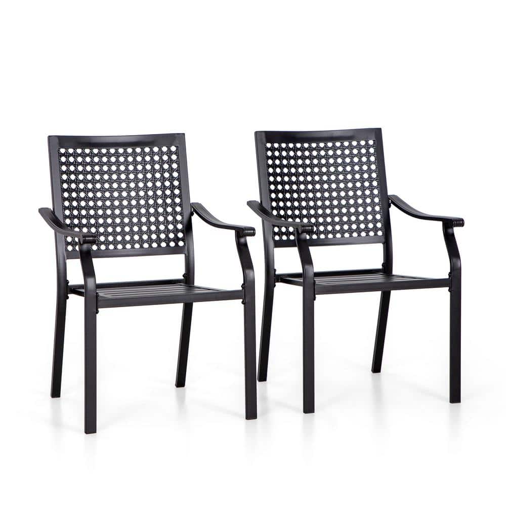 Black Steel Stackable Arm Dining Chairs (Set of 2)