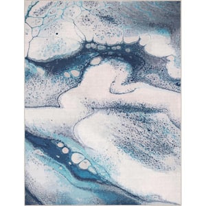 Blue 7 ft. 7 in. x 9 ft. 10 in. Flat-Weave Abstract Tokyo Retro Marble Area Rug