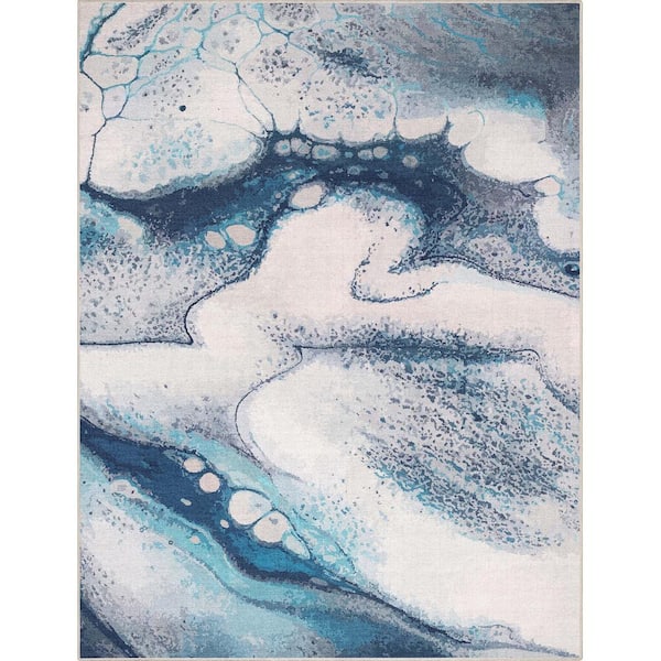 Blue 9 ft. 10 in. x 13 ft. Flat-Weave Abstract Tokyo Retro Marble Area Rug