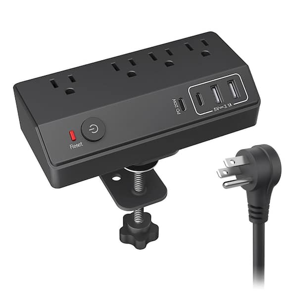 10 ft. Desk Clamp Extension Cord Flat Plug 4-Outlet Surge Protector with PD 20W 2 USB Ports 2 USB-C Fit 1.8" Table Edge