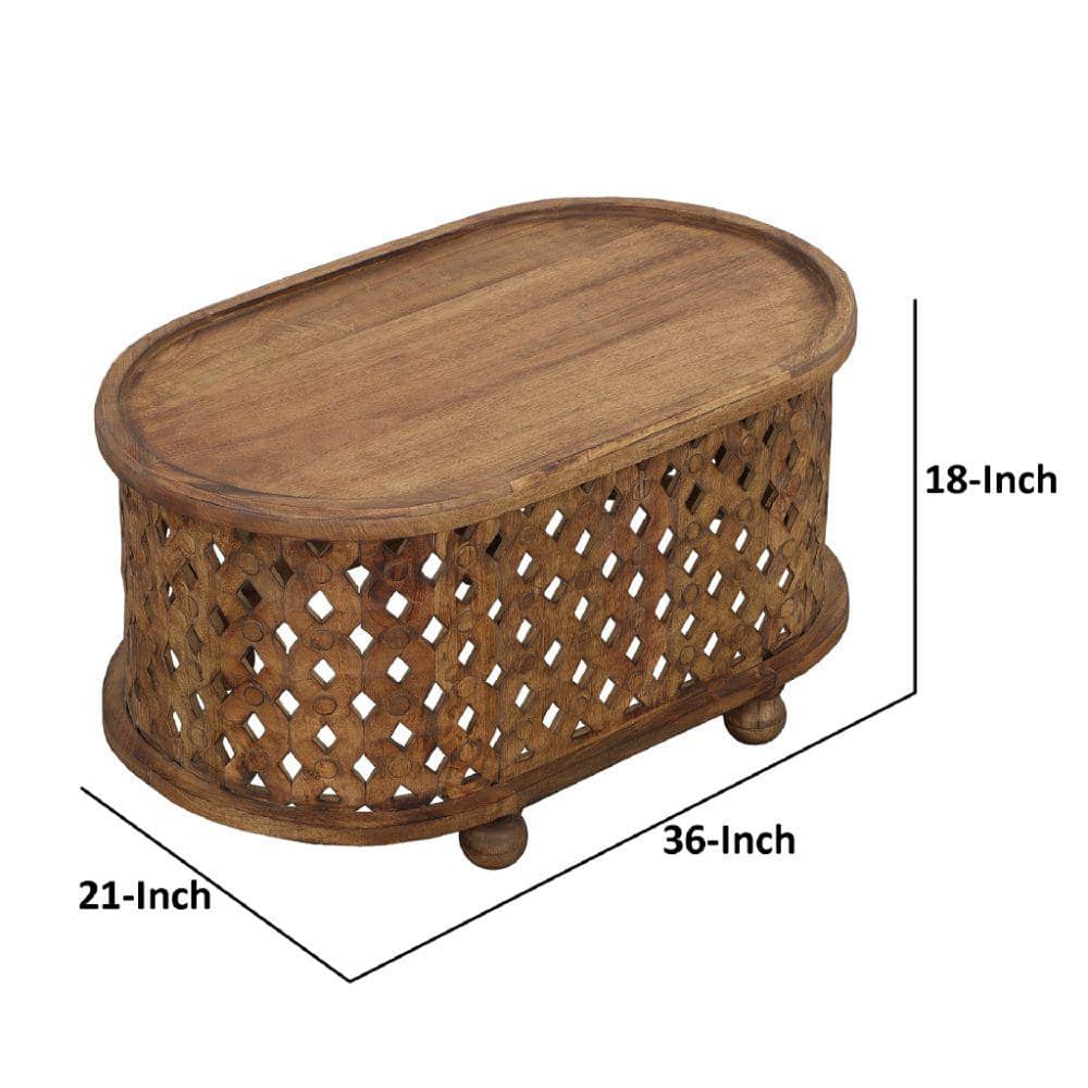 Antique Brown Oval Mango Wood Coffee Table with Cutout Design