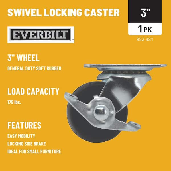 3 in. Black Soft Rubber and Steel Swivel Plate Caster with Locking Brake and 175 lb. Load Rating