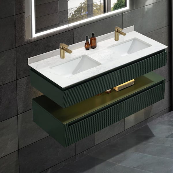 Lonni 48 in. W x 20.7 in. D x 19.6 in. H Double Floating Sink Solid Wood Bath Vanity in Green with White Marble Top and Lights
