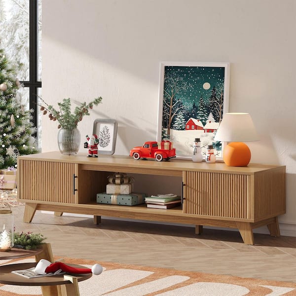 Bestier 70 in. Mid-Century Modern Brown Oak Wood TV Stand Fits TVs