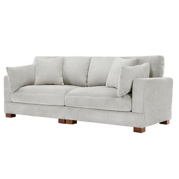 Uixe 84.7 in. Modern Square Arm Corduroy Upholstered Rectangle 2-Seater Sofa in Sea Salt Gray with 2-Square Pillows
