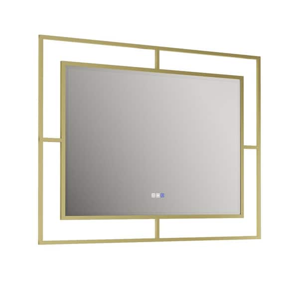 48 in. W x 36 in. H Rectangular Iron Framed Wall LED Bathroom Vanity Mirror with Anti-Fog in Gold