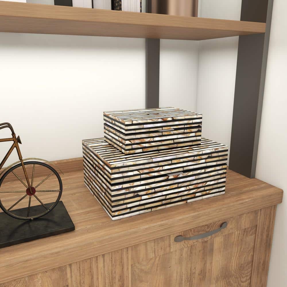 Set of 2 Black and Mother of Pearl Stackable Wooden Boxes