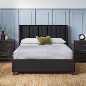 Adele Black Upholstered Queen Platform Bed Frame with a Vertical Channel Tufted Wingback Headboard