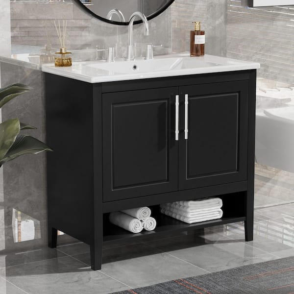 Ziyudura 36 in. Single Sink Freestanding Black Bath Vanity with White Ceramic Top, Multi-functional Drawers