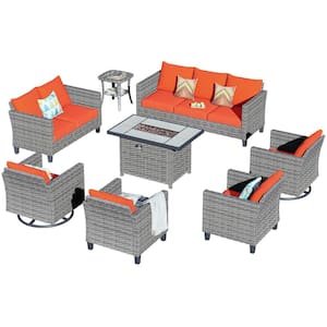 New Star Gray 8-Piece Wicker Patio Rectangle Fire Pit Conversation Set with Orange Red Cushions and Swivel Chairs