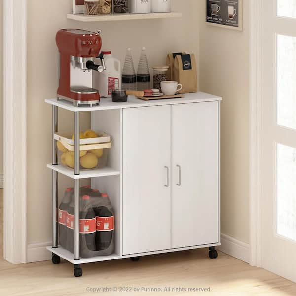 Furinno Helena White Oak/Stainless Steel 3-Tier Utility Kitchen Storage Cart with Wheels and Cabinet