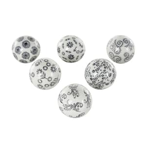 White Handmade Ceramic Glossy Decorative Ball Orbs & Vase Filler with Black Floral and Scroll Patterns (6- Pack)