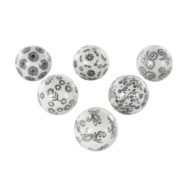 Litton Lane White Handmade Ceramic Glossy Decorative Ball Orbs and Vase Filler with Black Floral and Scroll Patterns (6- Pack)