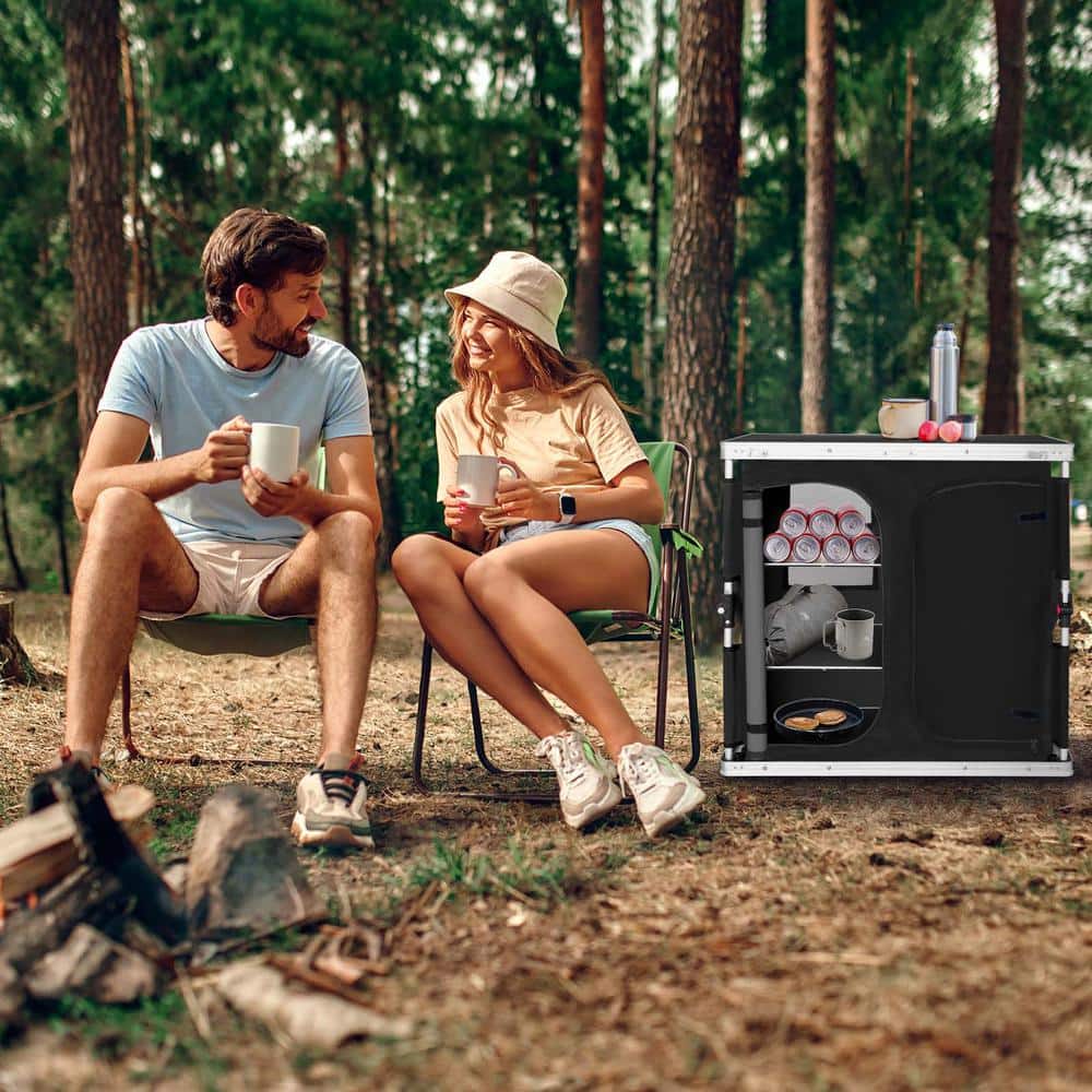 Black Aluminum Folding Camping Table with Storage Organizer