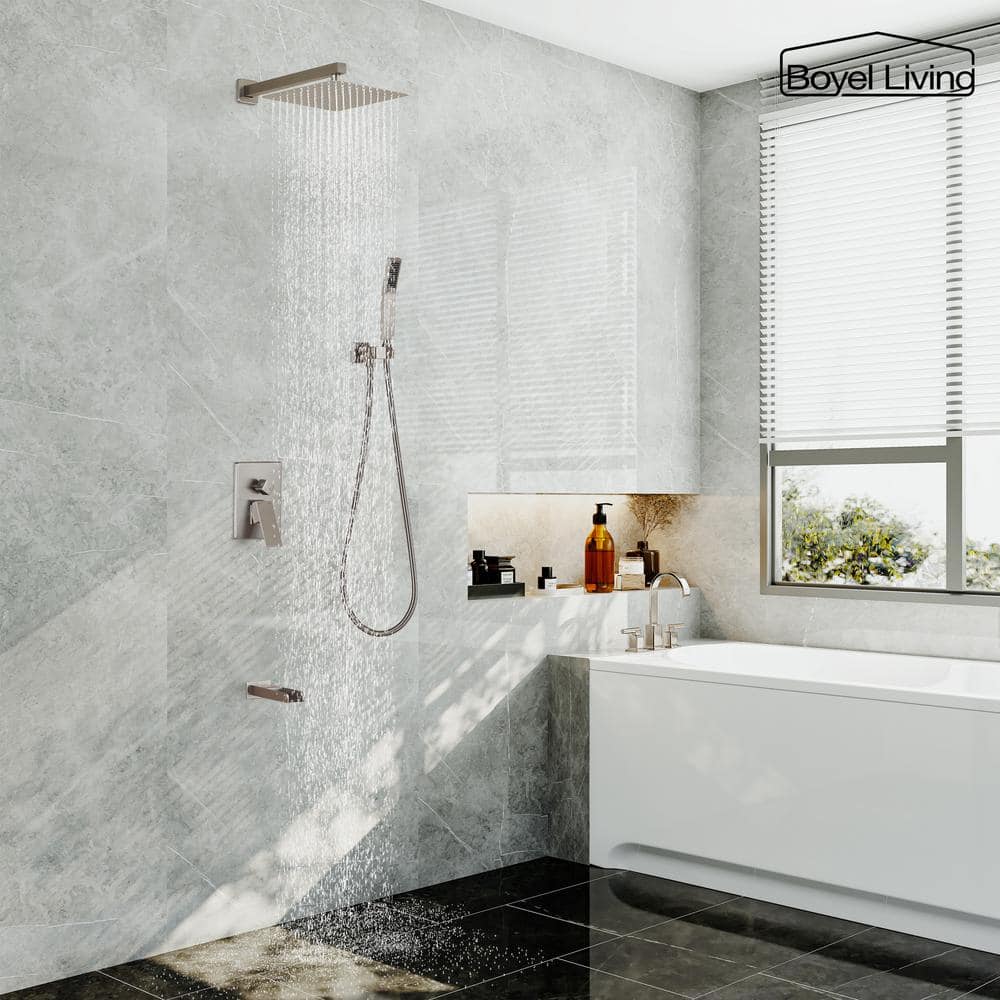 Brushed Nickel 10-Inch Square Rain Shower System with Handheld