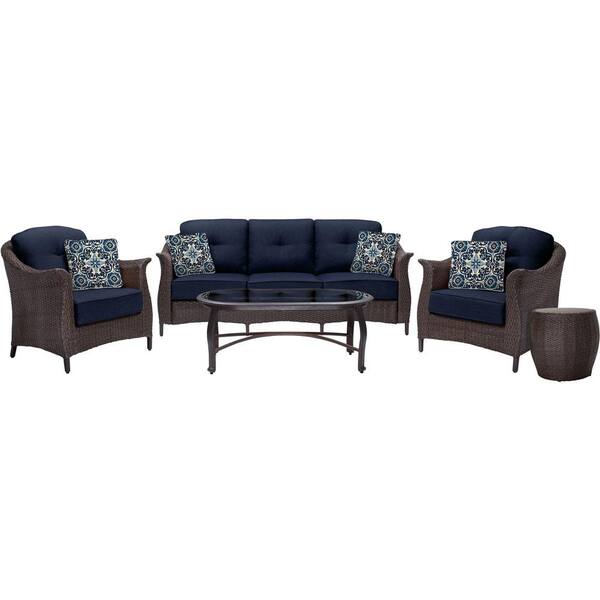 Hanover Gramercy 5-Piece Metal Patio Seating Set with Navy Blue Cushions