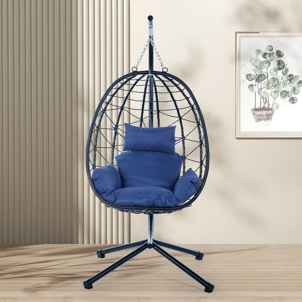 Black Wicker Egg Chair with Navy Blue Cushions and Pillow for Porch, Backyard price history on PriceWatchPro