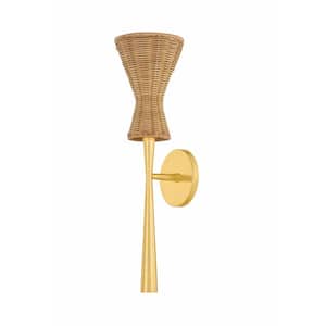 Honey 5.5 in. 1-Light Aged Brass Finish Wall Sconce with Vintage Natural Wicker Shade